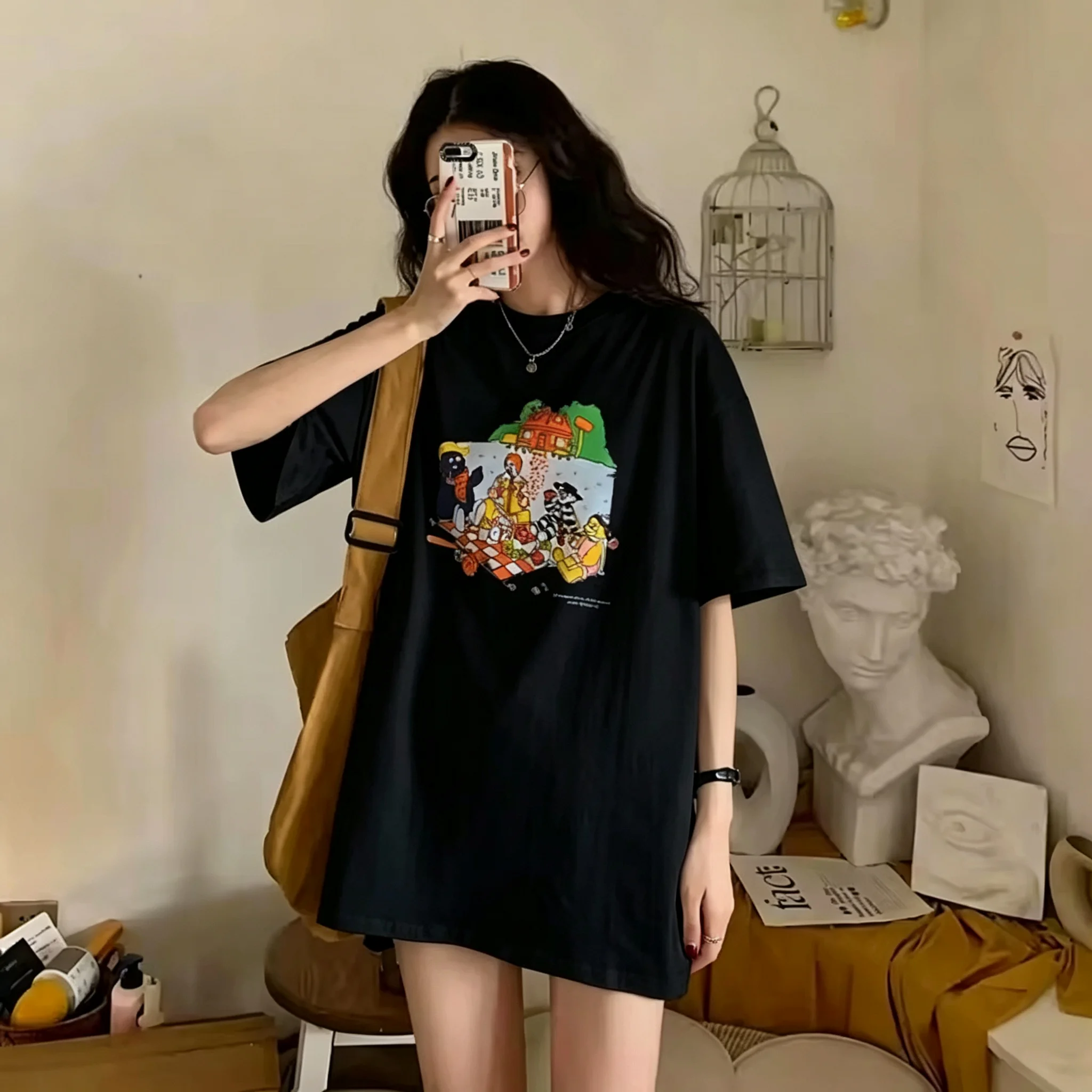 2026 Korean Fashion Cartoon Kawaii Print Women T Shirt Casual Streetwear Cotton Summer Graphic Funny Tee for Female Tops