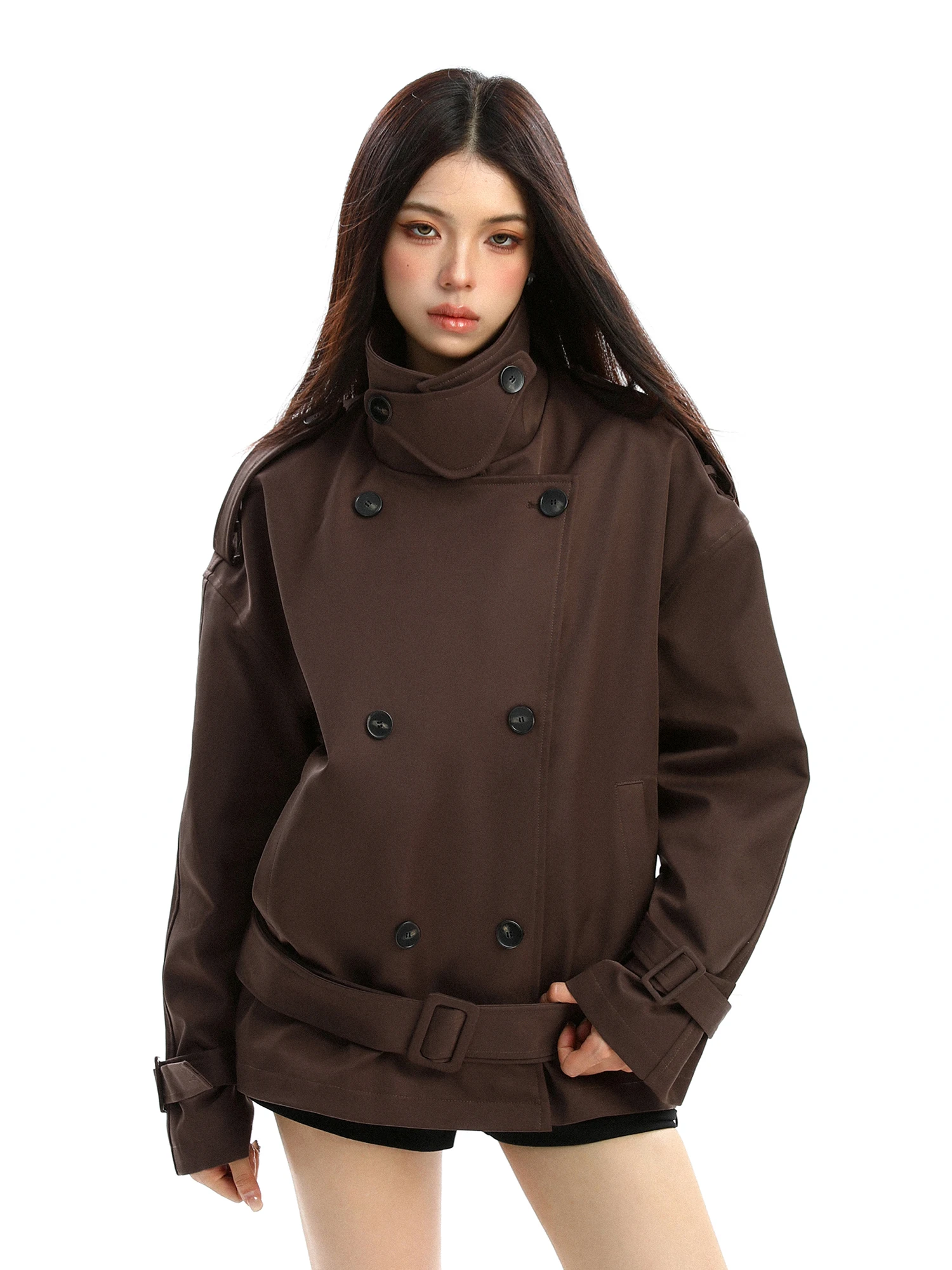 

Retro Biggold Double-breasted Stand Collar Cotton-filled ort Women's Coat Autumn Winter Belted Jaet Outerwear