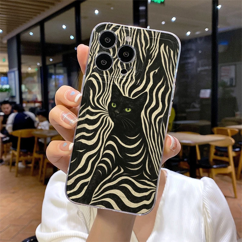 

Retro Contrasting Wave Zebra Print Black Cat Phone Case for IPhone Air 17 Pro Max 16 Plus 15 14 13 12 11 Pro Max Soft Back Cover