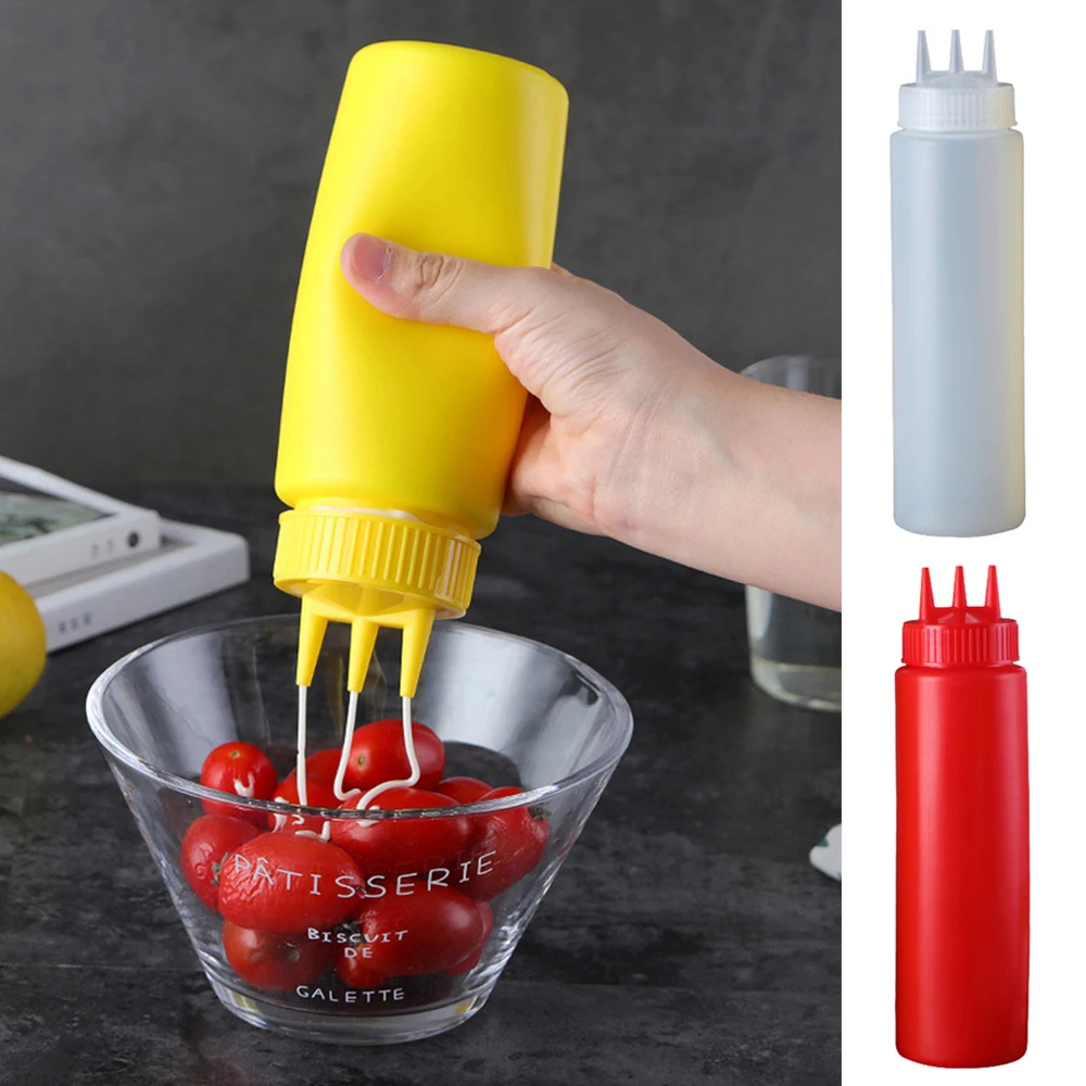 3 Holes PE Sauce Squeeze Bottle Different Sizes Thickened Salad Dressing Ketchup Container Practical Kitchen Supplies
