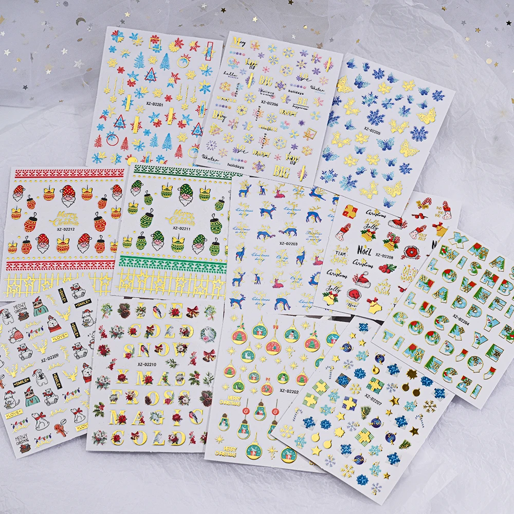 12PCS 3D Cartoon Santa Claus Nail Decals Christmas Nail Stickers DlY Snowflake Christmas Elk Nail Supplies Manicure Accessories*