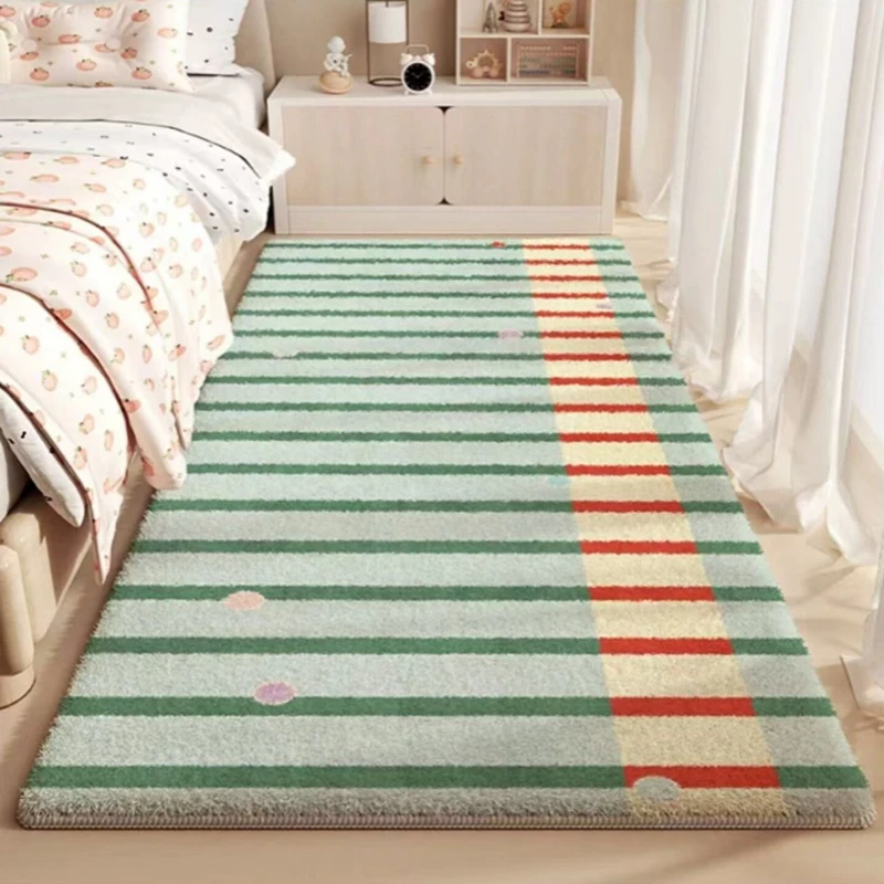 Bedroom Rug Soft Fluffy Comfortable Faux-Cashmere Floor Mat  Minimalist Blue Plaid Carpet Large Sized Rugs Modern Home Decor