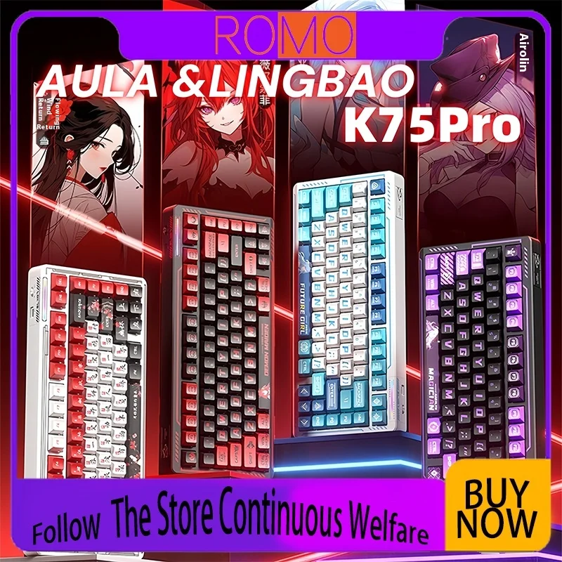 

AULA×LINGBAO K75Pro Wireless Mechanical Keyboard Tri-Mode RGB Gasket Structure Hot Swap Anime Keycap Gaming Keyboard 10000 mAh