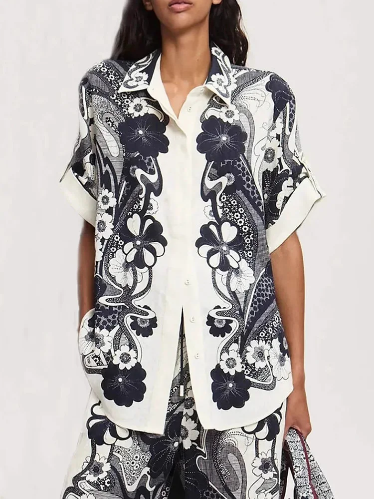 

Женская мода с узором и принтом, комплекты из 2 предметов, весенняя футболка с отложным воротником и пуговицами, одежда с длинными брюками, летние свободные костюмы с короткими рукавами