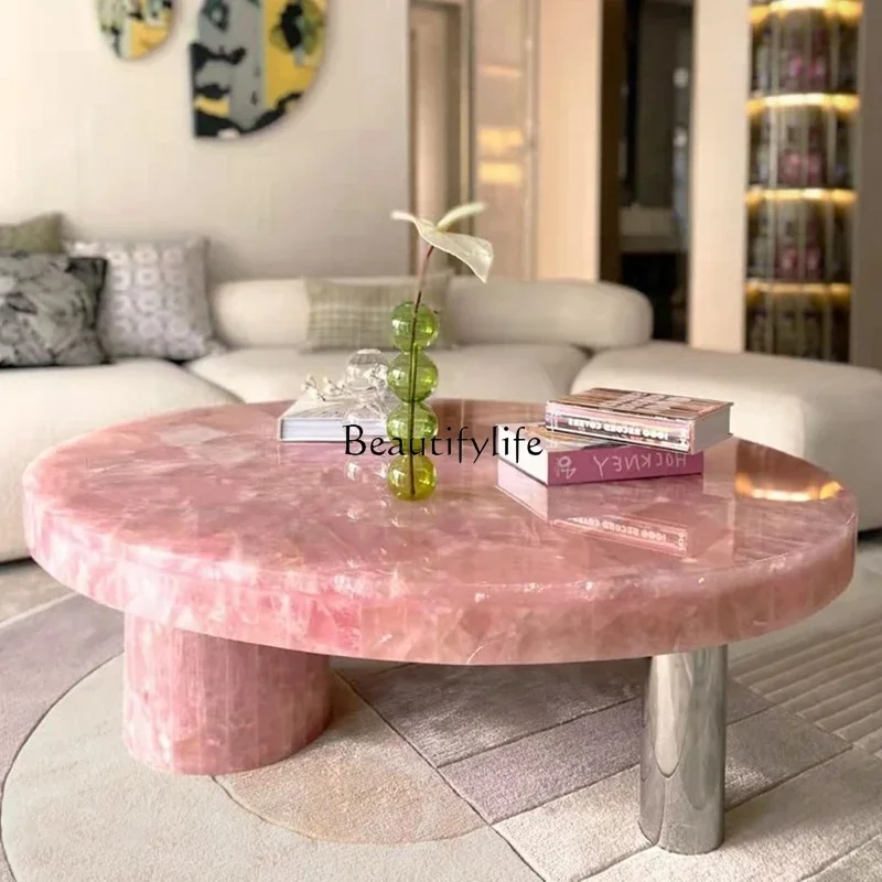 Natural Pink Marble Tea Table Mild Luxury Marble round Coffee Table Italian Style