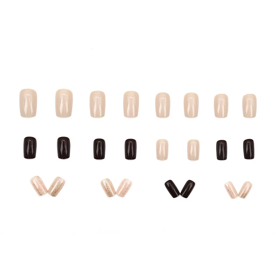 24pcs/set Short square fake nails for women girls Sparkling glitters with nude brown golden glossy nail tips press on false nail image 6