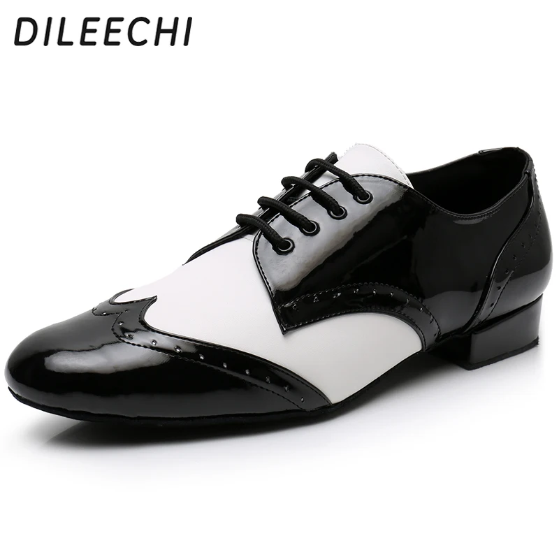 DILEECHI Men\'s Dance Shoes Adult Soft outsole Black PU Leather Square Ballroom dancing Shoes Low Wide Heel 2cm