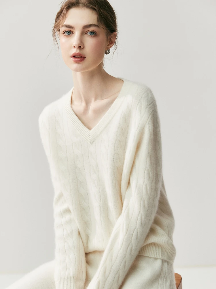ADDONEE Maglione pullover in maglia a trecce con scollo a V da donna Autunno Inverno Maglieria in cashmere 100% stile preppy Maglione in cashmere spesso