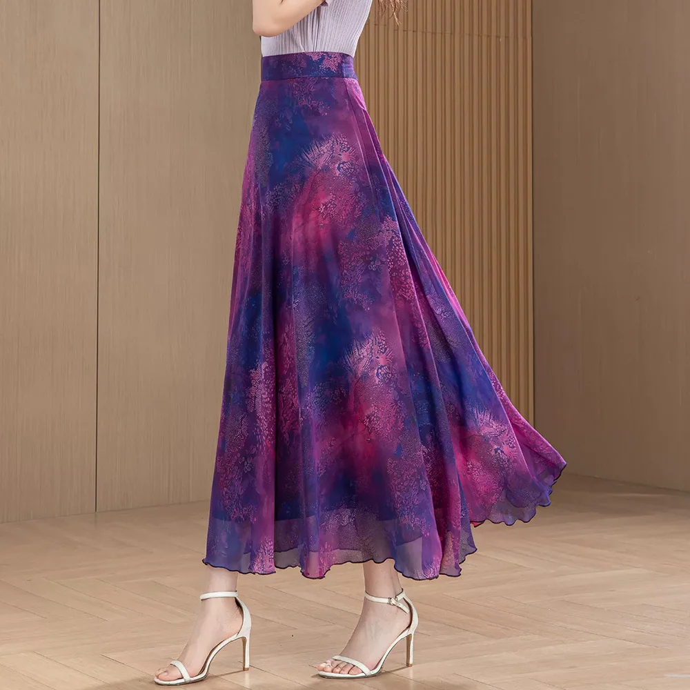 

New Women High Waist Print Chiffon Skirt Summer Fashion Flowing A-Line Long Floral Skirt Plus Size Easy-match Elegant Skirt