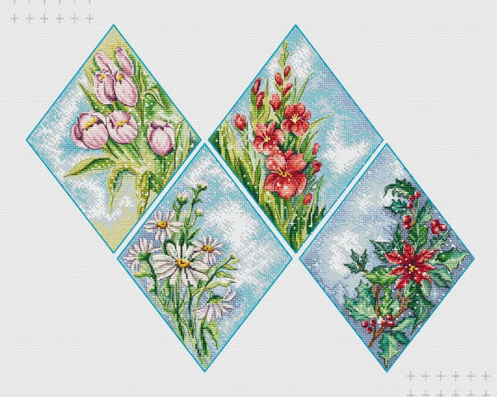 Four Seasons Embroidery Cross Stitch Kits, DIY Needlework, Cotton Canvas, High-Quality Craft, 44-54