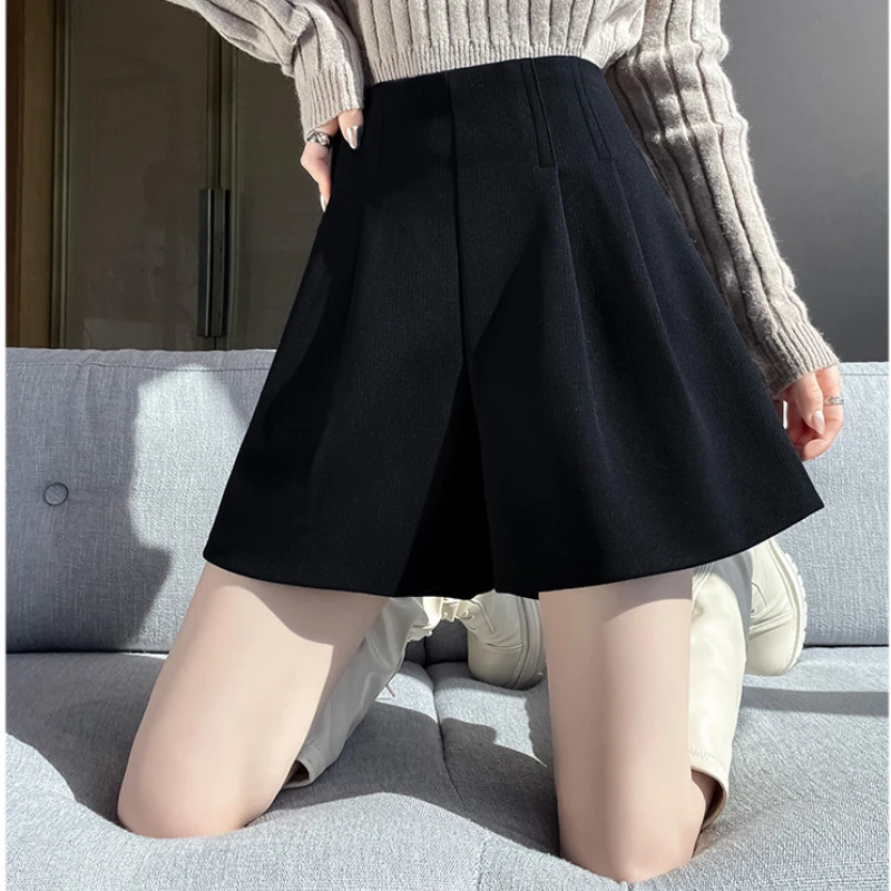 Autumn and Winter Women Shorts High Waist A-line Solid Color Thin Korean Style Office Lady Loose Casual Basics Shorts Female