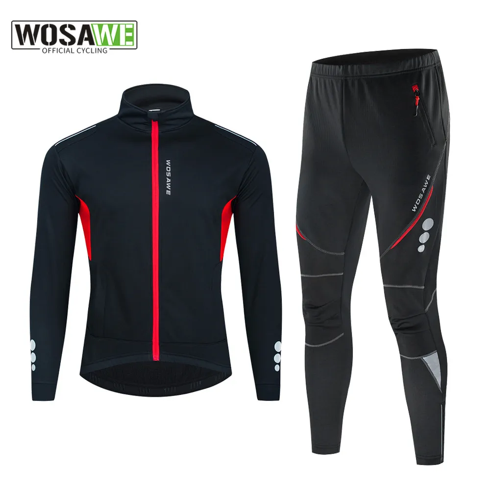 

WOSAWE Men's Cycling Jacket Set Winter Fleece Bike Jersey Top Windproof Fleece Lining Warm Sports Trouser MTB Cycling Clothing