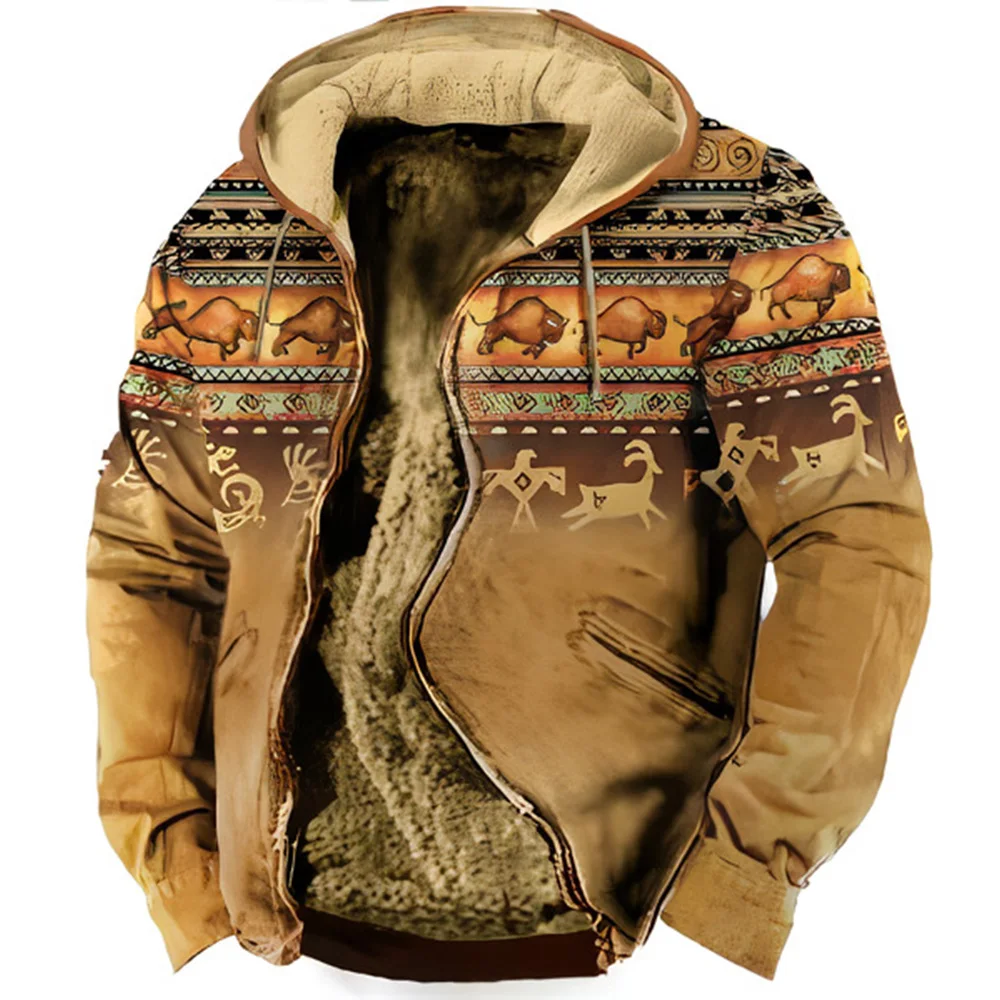 2023 Winter Men\'s Zip Up Hoodies Jackets Fleece Clothing Tribal Graphics Print Streetwear Outerwear Hooded Zip-up Tracksuit Coat