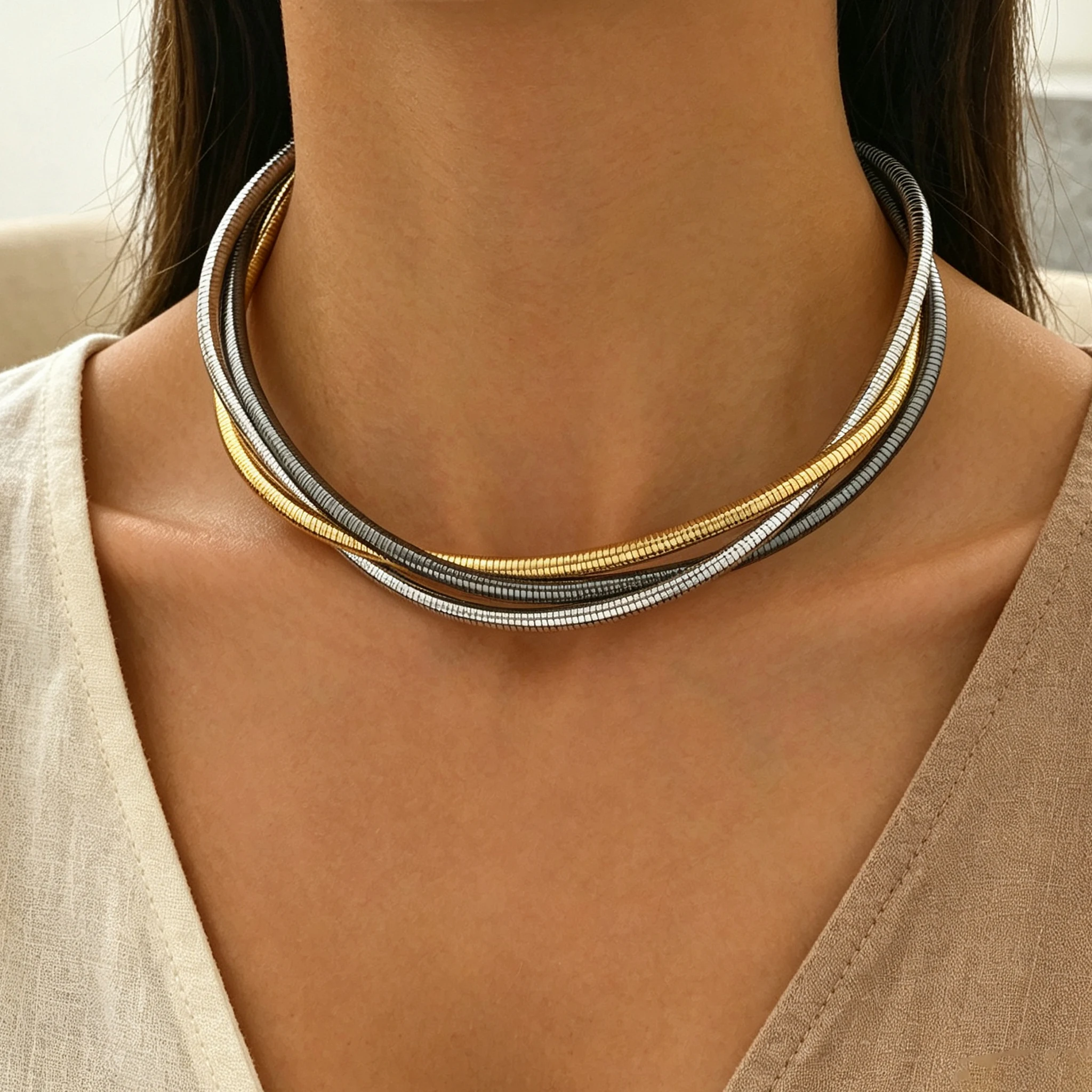 Minimalist Intertwined Spring Wire Choker Necklace Multi Layer Twisted Metal Collar Mixed Tone Elegant Daily Women Neck Jewelry