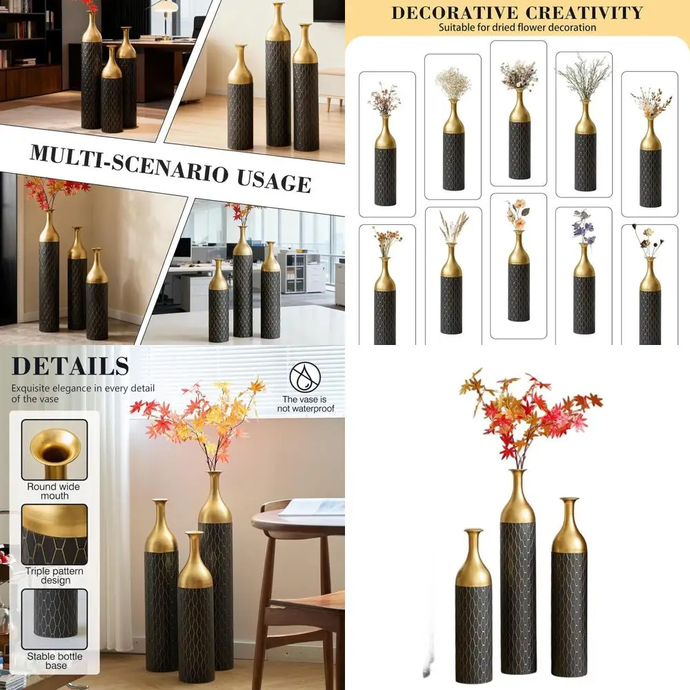 

Набор из 3 черно-золотых геометрических ваз-цилиндров, высокие напольные украшения для гостиной, высота 34.25, 30.31, 24.8 дюймов