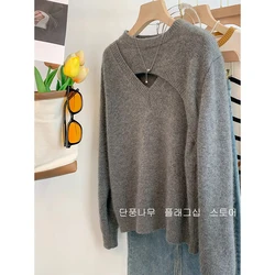 2024 Sexy Knitted Rib Line Crop Sweater Vintage Spliced Buckle O-neck Slim Knitwear Full Long Sleeve Pullovers Skinny Jumper