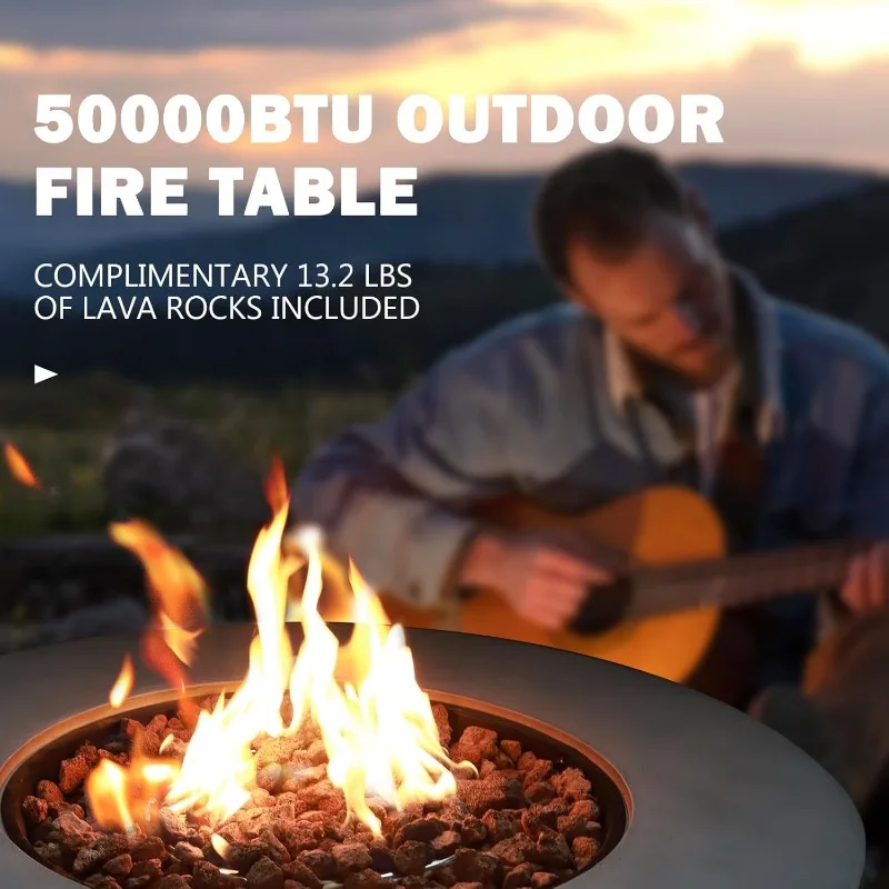 Outdoor Propano Fire Pit Table, Concreto Rodada Firepit Gás, Lava Rocks e Rain Cover, 31,5 ", 50.000 BTU