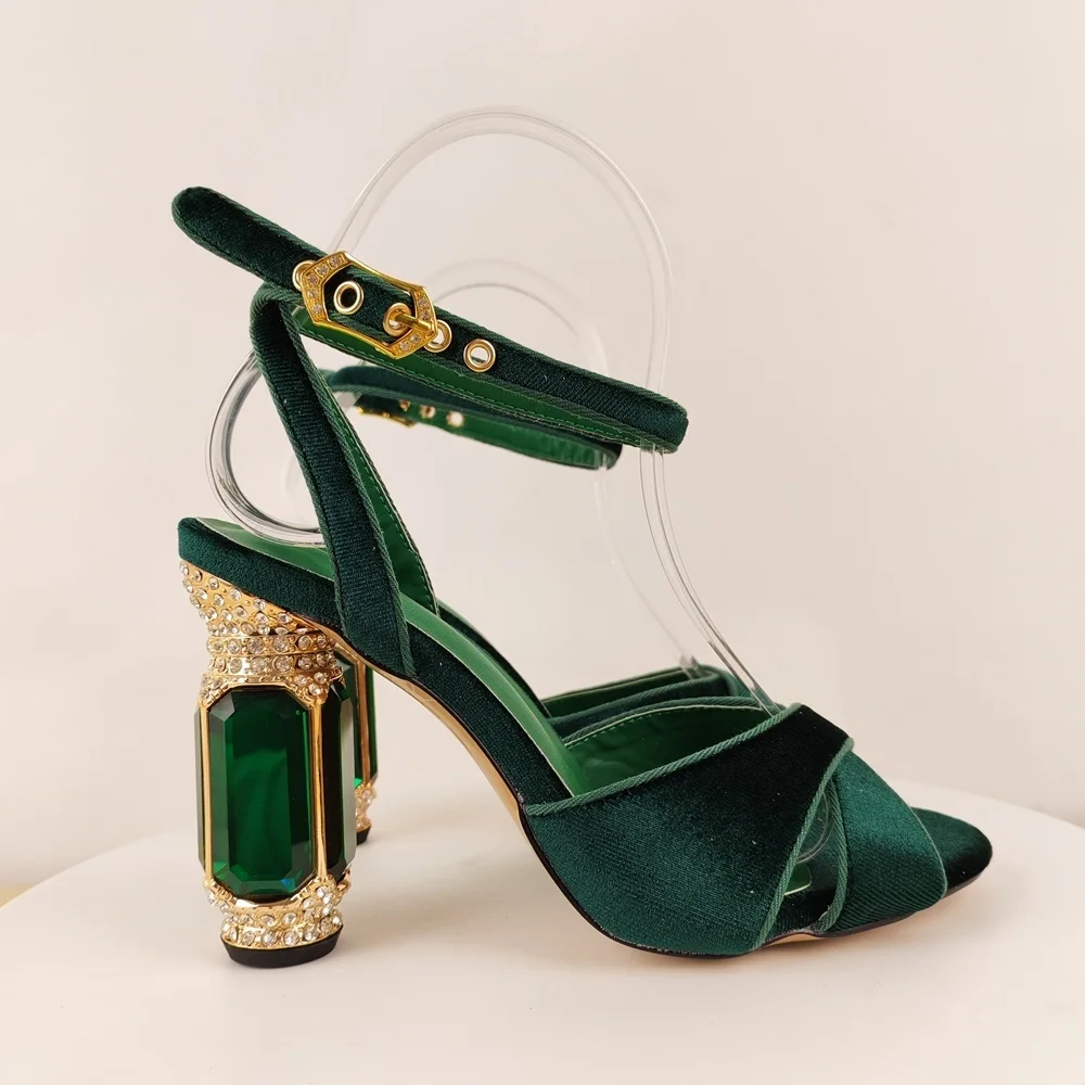 Women's Emerald Green Satin Block Heel Sandals Crystal Accents Ankle Strap Luxe Vintage Style for Galas Cocktail Parties Events