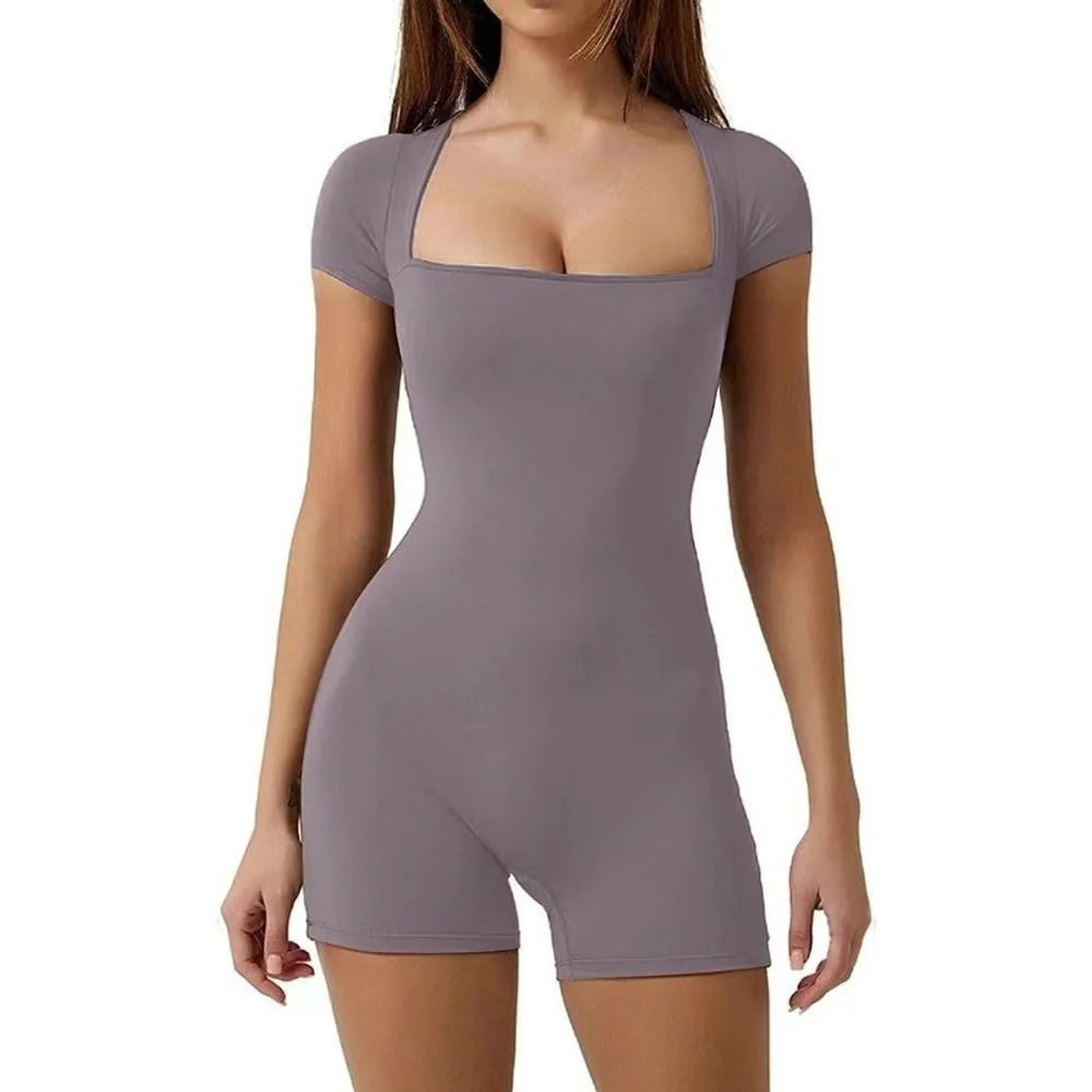 

Fashion One Piece One Piece Yoga Suit Short Sleeve Solid Color Gym Jumpsuit Stretchy Square Neck Yoga Bodysuit Women