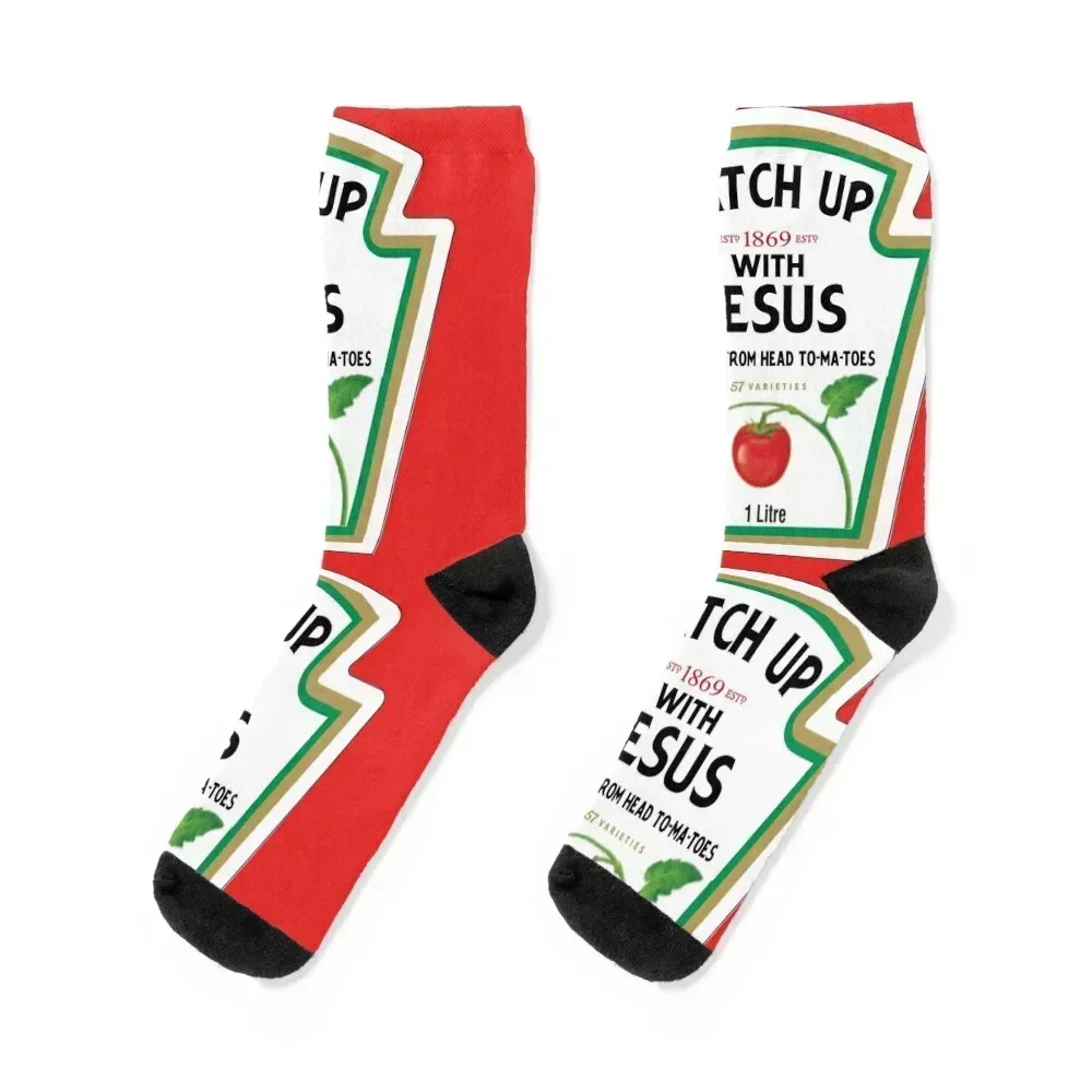 

Funny Catch Up With Jesus Ketchup Christian Joke Socks winter hiphop Antiskid soccer loose Girl'S Socks Men's