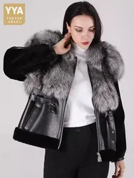 Luxury Women Patchwork Real Fox Fur Collar Coat Thick Warm Wool Lining Overcoat Belted Waist Lambswool Genuine Leather Jacket