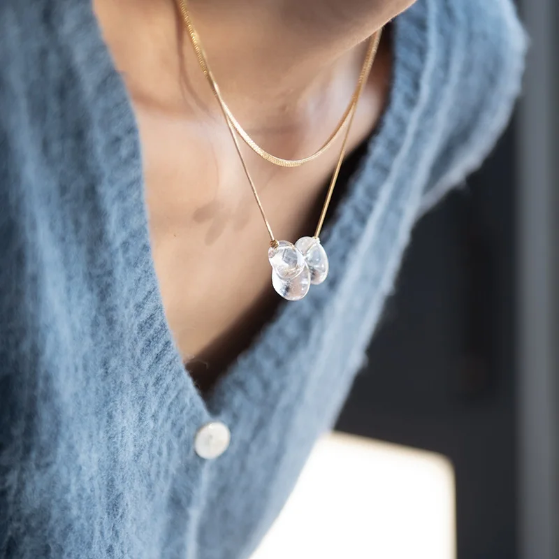 Brass With 18K Layered Snake Chian Crystal Clear Beads Necklace Women  Jewelry Designer T Show Runway Gown  Rare Glam Japan Ins