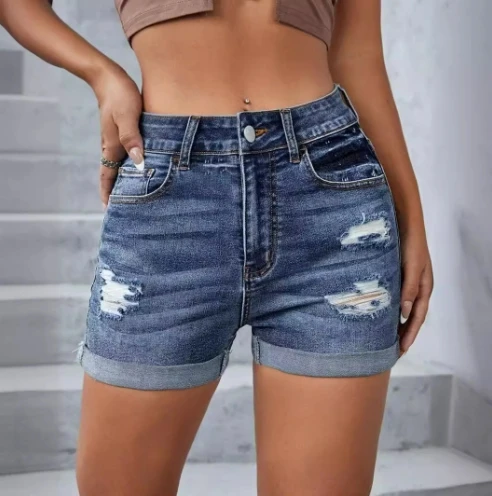 Y2K Women's Denim Shorts High Waist Slim Fit Pant Hole Ripped Jean Short Pant with Pocket Cuffed Hem Casual Loose Shorts