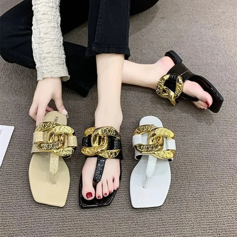 

Women Flat Slippers 2024 Summer Metallic Design Shoes for Women Sandals Non-slip Sexy Beach Flip-flops Slides Zapatos De Mujer