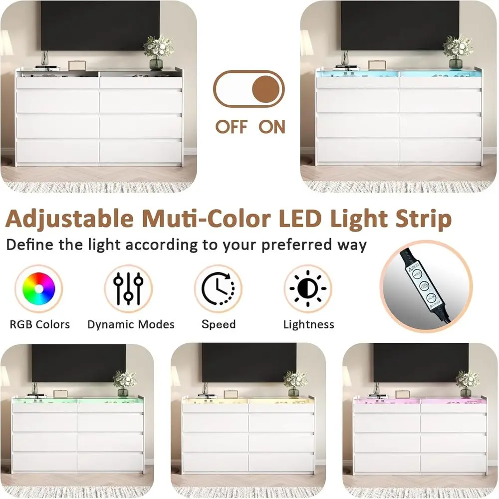 خزانة غرفة نوم حديثة ذات 8 أدراج مع سطح زجاجي وإضاءة LED وتخزين المجوهرات