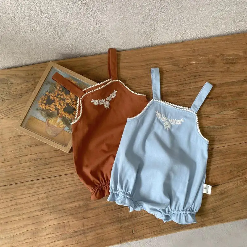 2026 Summer New Baby Girl Sleeveless Sling Bodysuit Infant Girls Flower Embroidery Thin Jumpsuit Cotton Newborn Clothes 0-24M