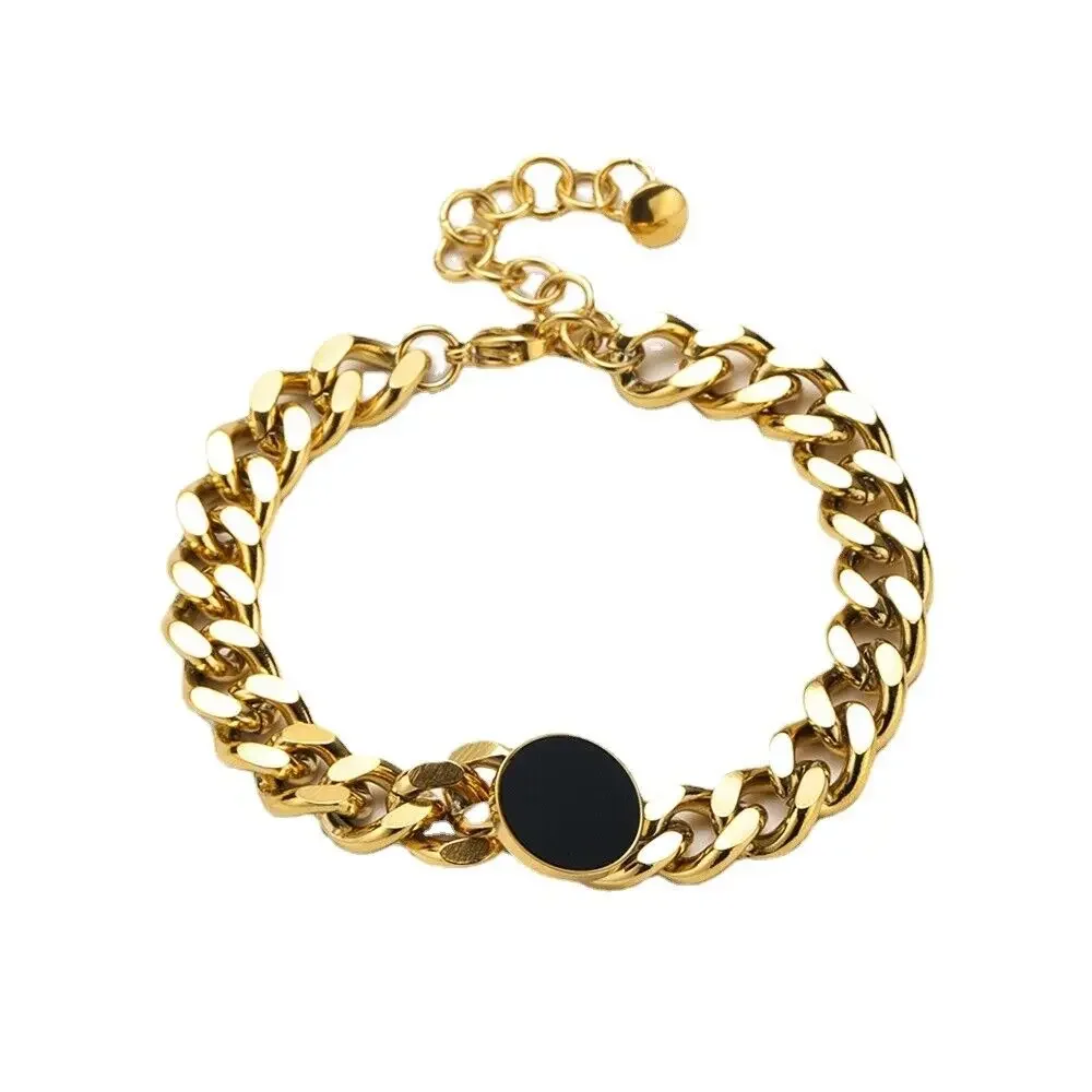 Elegant 4mm Gold Plated Stainless Steel Cuban Chain Bracelet with Black Round Emblem and 5cm Extender for Women Jewelry