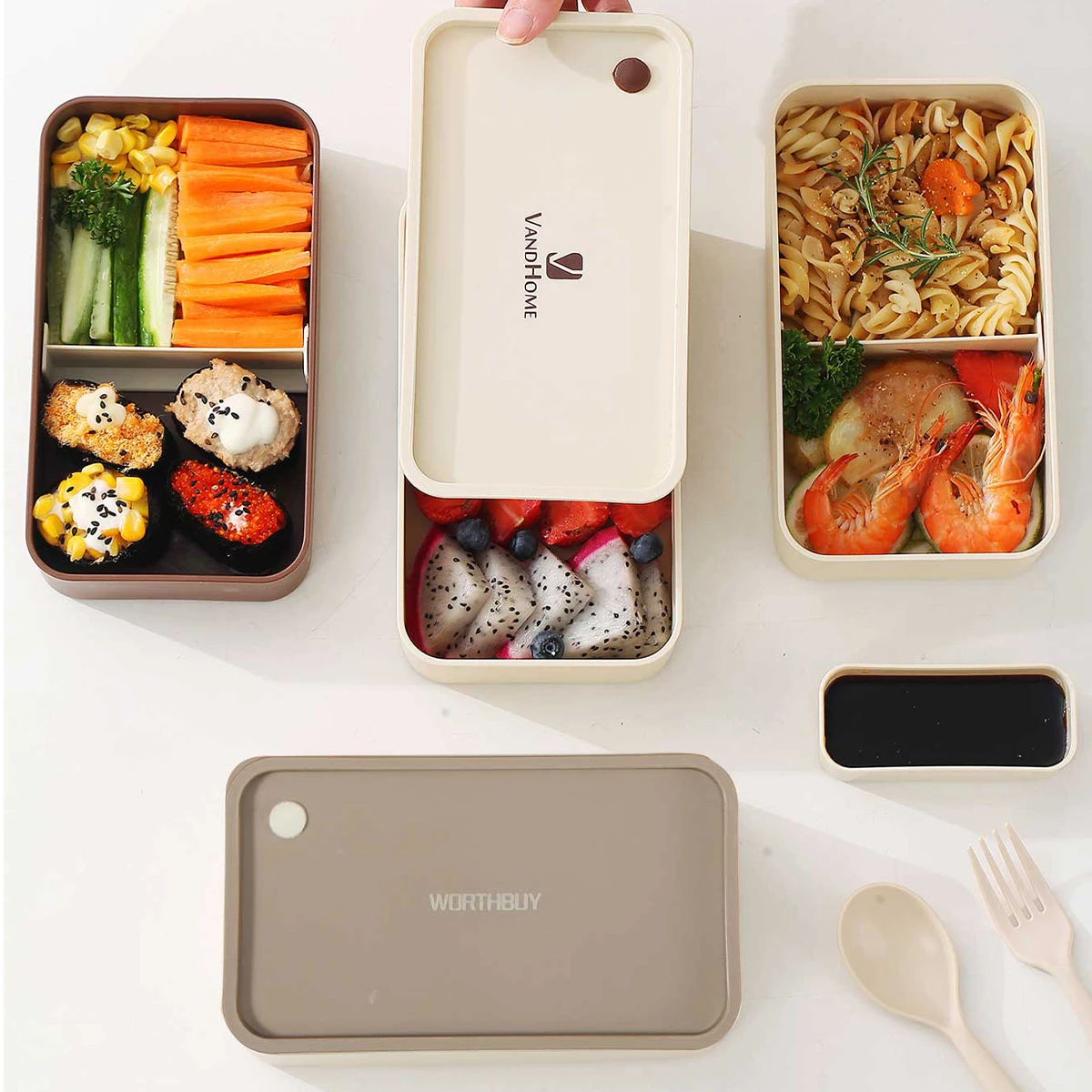 WORTHBUY Contianer de almuerzo de plástico dividido reutilizable, caja de almuerzo Bento sellada portátil de gran capacidad segura para microondas para estudiantes