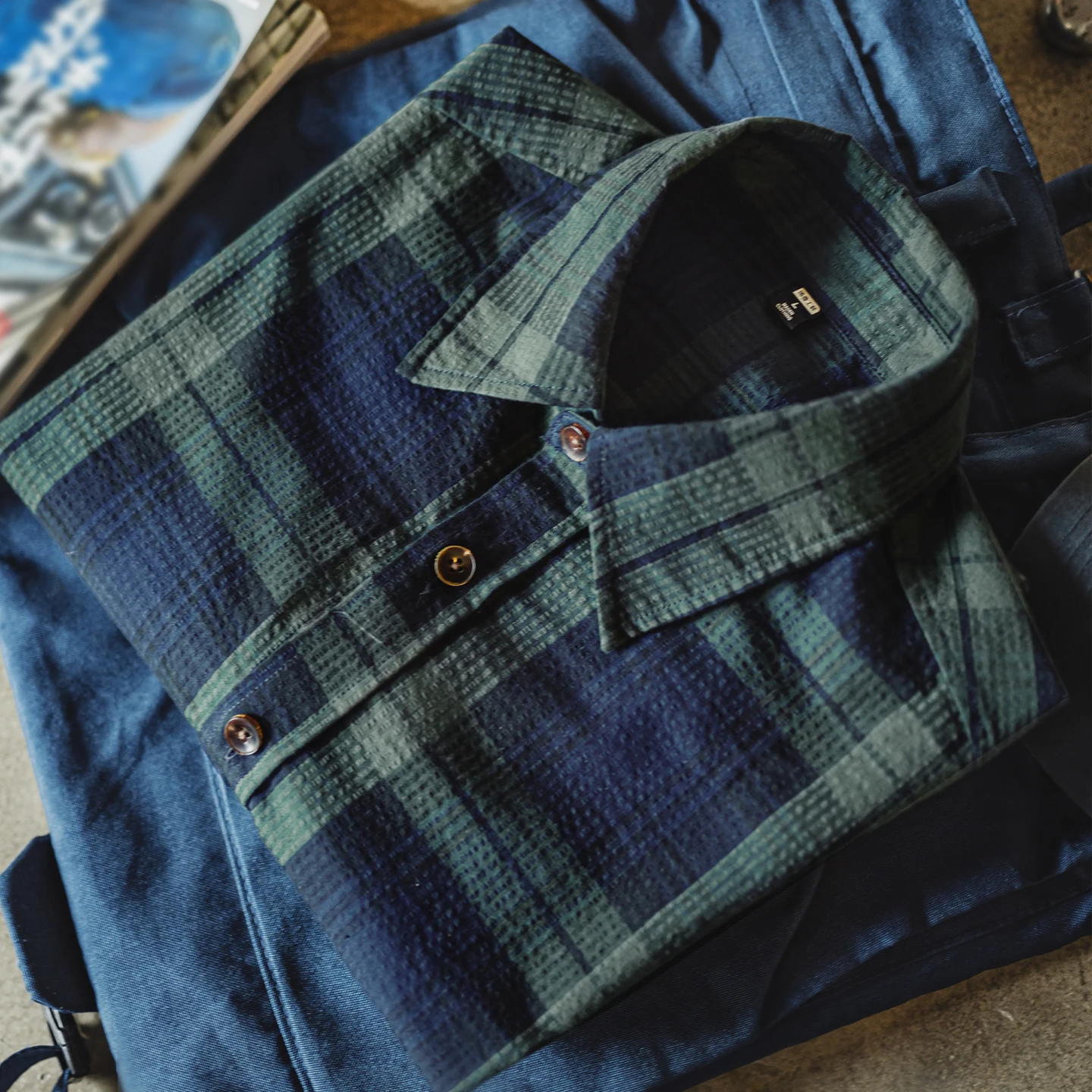 Мужская винтажная сине-зеленая клетчатая рубашка Maden, хлопковые рубашки с длинными рукавами, однобортная блузка с вышивкой рыбы на весну и осень