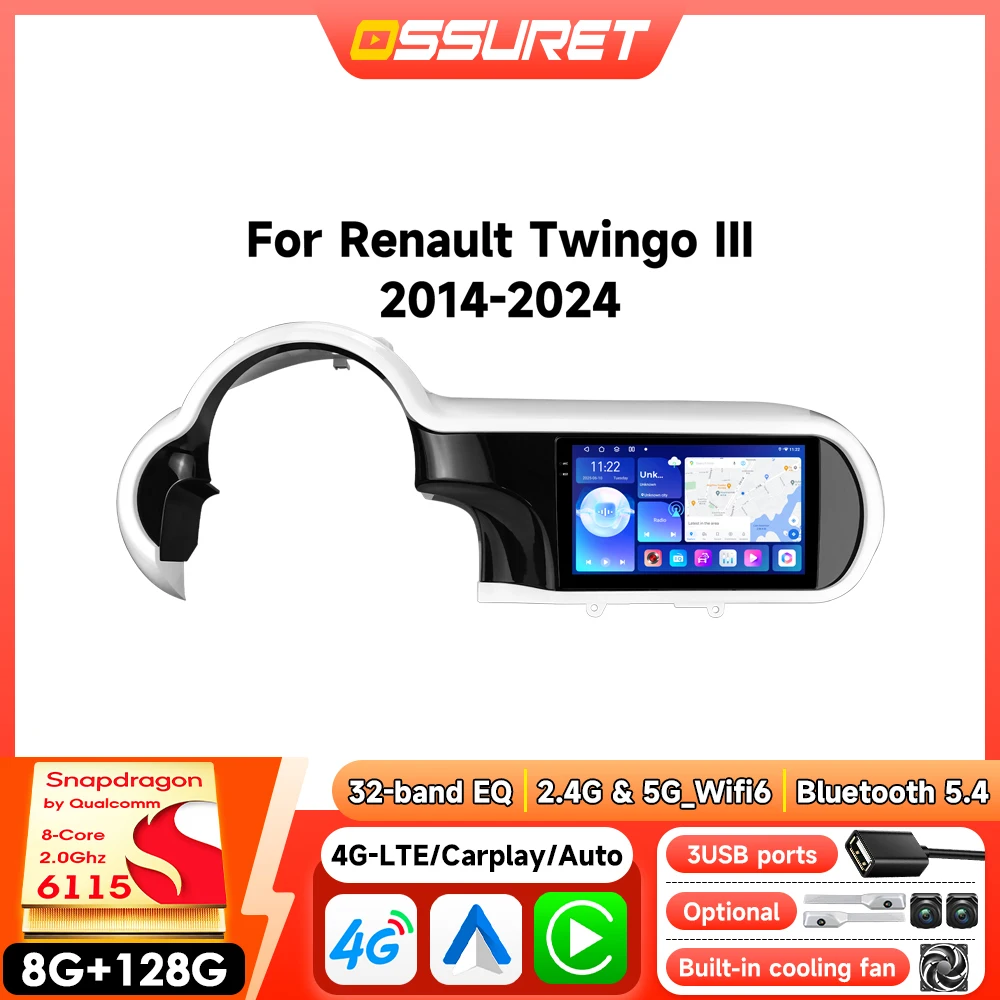 Autoradio Android pour Renault Twingo 3 Ⅲ 2014-2024, Carplay sans fil intelligent, multimédia vidéo GPS, par Qualcomm Snapdragon 6115, caméra 360