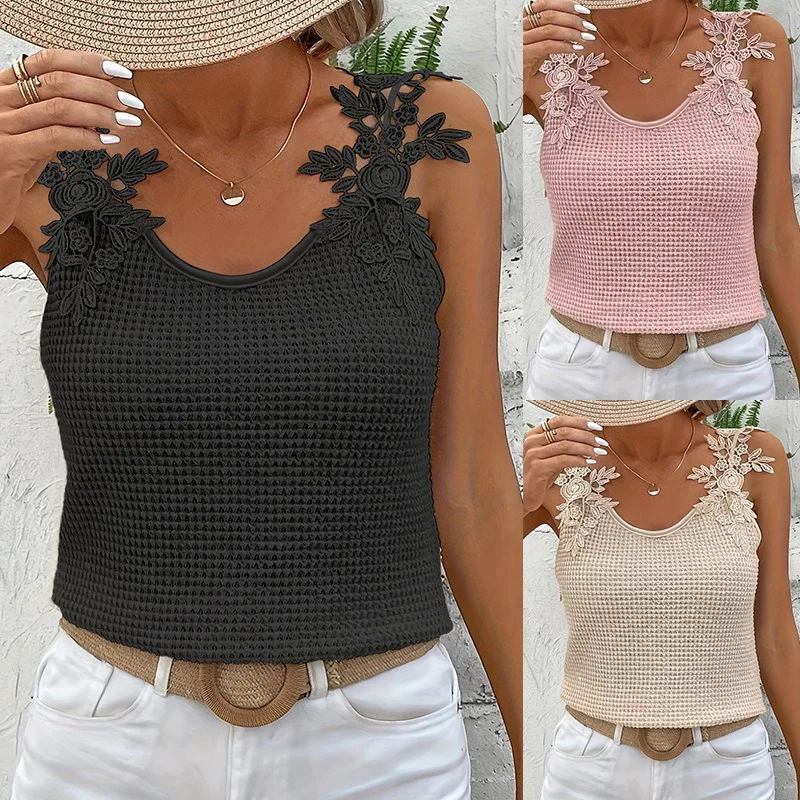 

2026 New Solid Color Slim-fit Three-dimensional Flower Halter Top U-neck Solid Color Lace Lace T-shirt Sleeveless Halter Top
