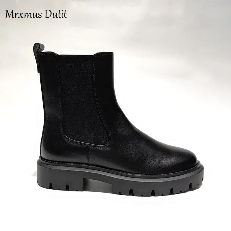 Mrxmus Dutit 2024 Autumn New Fashion Women England Style Genuine Leather Thick Sole Boots Solid Simple Chelsea Shoes Female