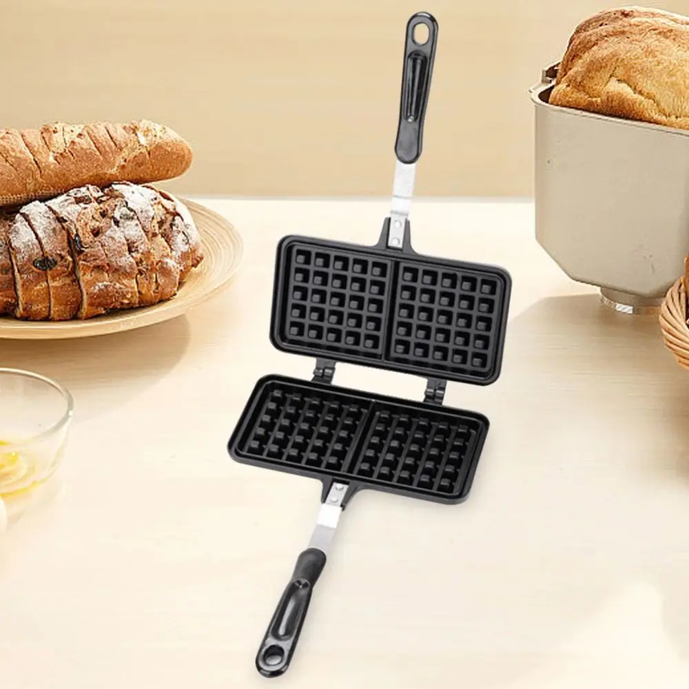 

Cake Maker Cast Aluminum Waffle Baking Pan Rectangle Long Handle Waffle Mold Pan Durable Heat-resistant Toast Frying Pan Camping