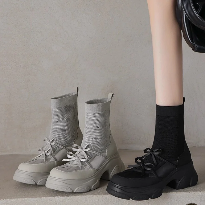 

2025 Autumn Winter Fashion Sock Boots for Women Skin-Friendly Stretchy Bow Knot Slim Fit Ankle Boots Chunky Heel Booties
