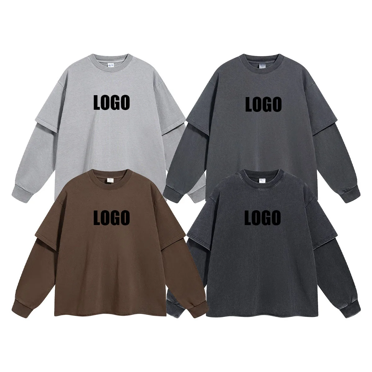 

Custom LOGO Men's 245G Heavy 100% Cotton Autumn New Retro Long Sleeve T-Shirt Old Dyeing Washed Casual Fashion Couple Top