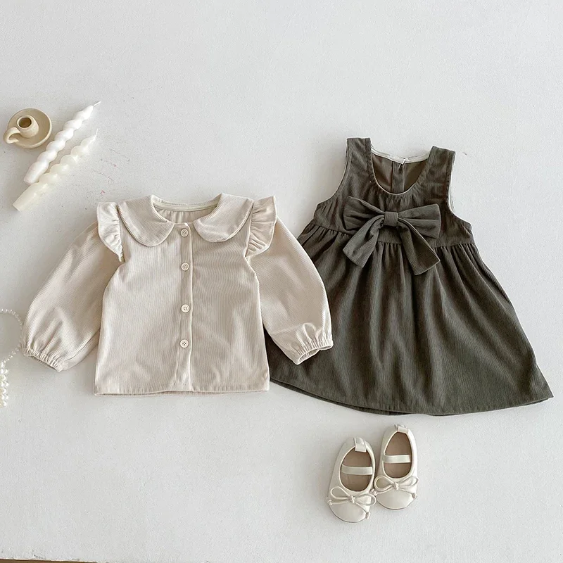 2025 New Autumn Sister Dress 2-6Yrs Girl Party Dress Sleeveless Corduroy Long Sleeved Cotton Shirt Kids Princess Dresses