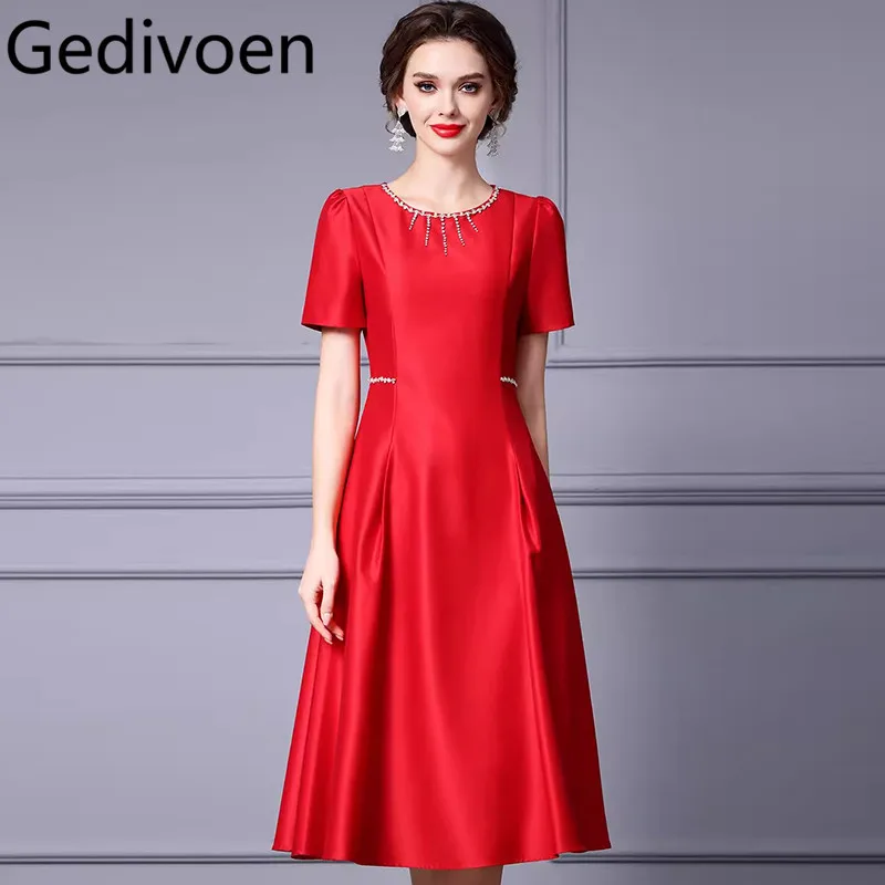 

Gedivoen Fashion Summer Women's Dress O-Neck Beading Short-Sleeved High Waiste Solid Color Elegant Gorgeous Dresses