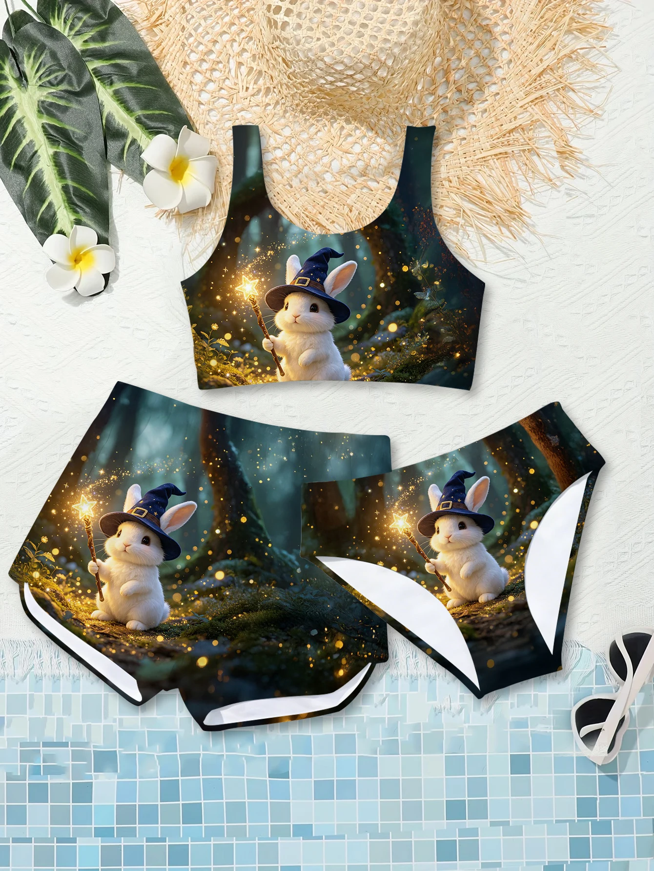 Girls' Summer Style Atmospheric Rabbit Wizard Fashion Three Piece Swimsuit Casual Sportswear