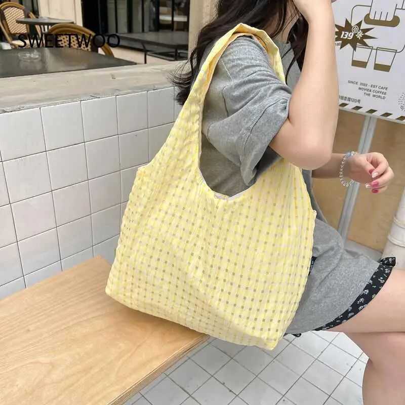 2026 Pastel Plaid Pleated Canvas Tote Bag Soft Fabric Sweet Girls Daily Shoulder Bag