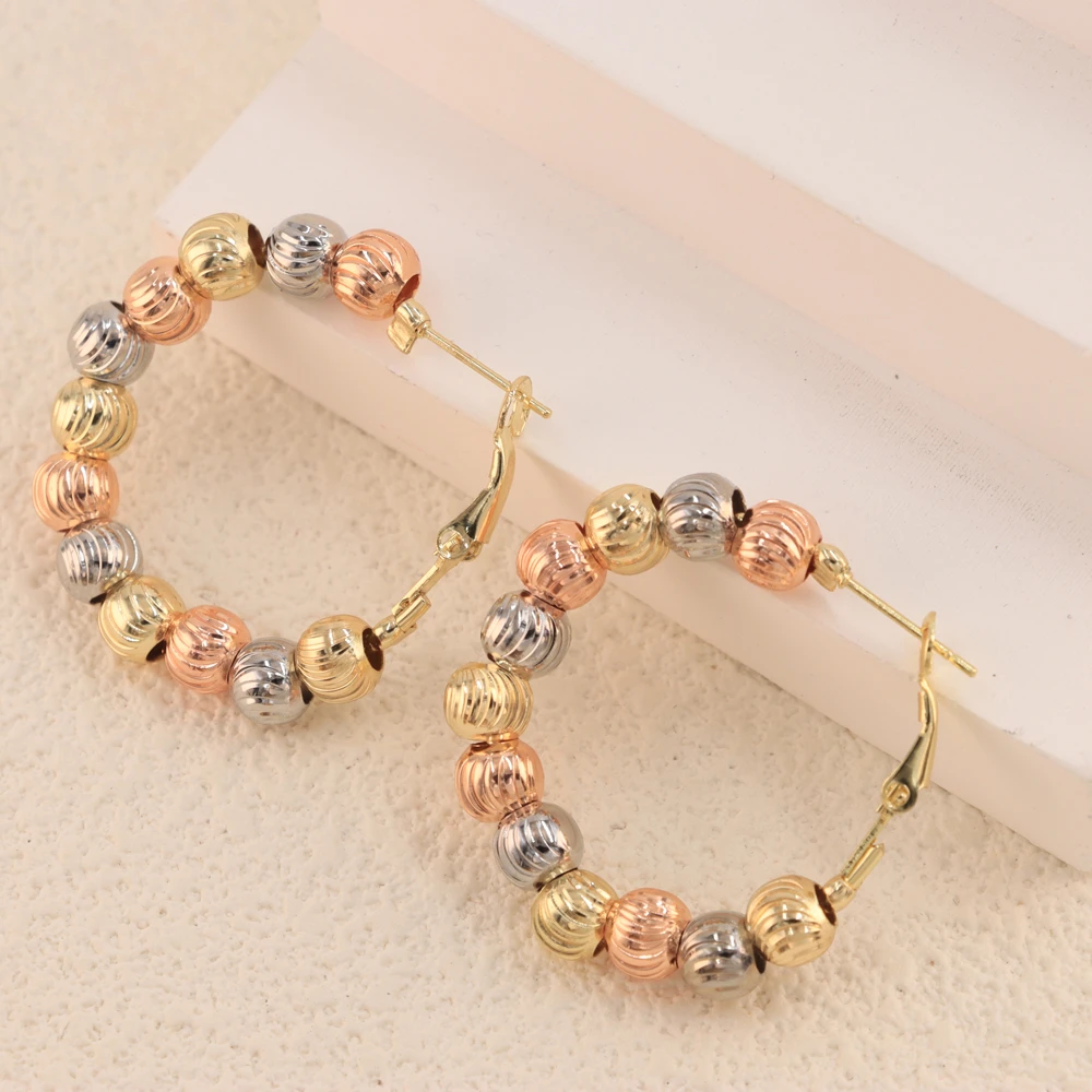 Luck Fashion Jewelry Women 14k Gold Plated Tricolor Beaded C-Shaped Hoop Huggie Statement Earrings