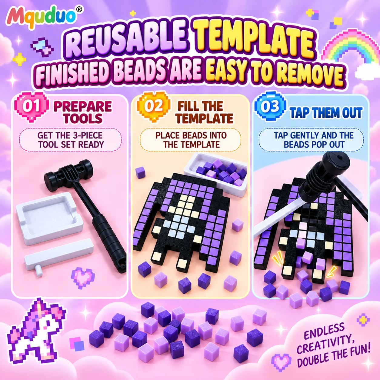 MQUDUO DIY Pixel Bead Art Set, Reusable Pattern Template, Bead Hammer and Tray for Creative Display Birthday Gift