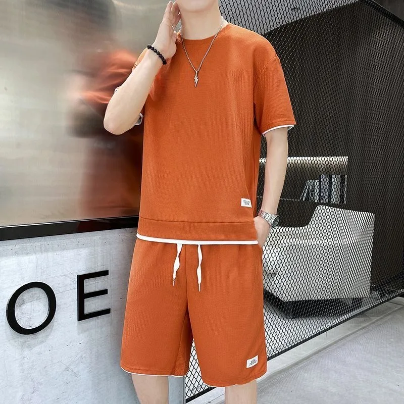 2025 Summer New Men Waffle Solid Color Sports and Leisure Set Korean Fashion Round Neck Short Sleeve T-shirt Two Piece Set