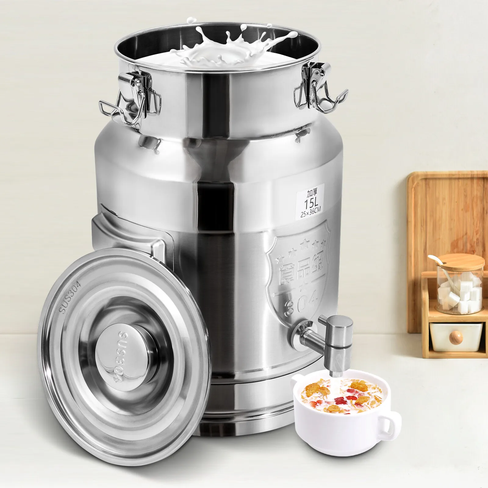 

15L/3.96Gal Beverage Dispenser Stainless Steel Milk Can Milk Transport Barrel