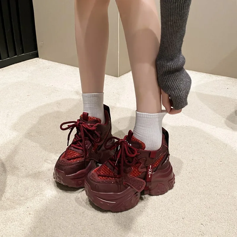9CM New 2024 Spring Women Chunky Sneakers Heels Lace-up High Platform Sports Shoes Woman Breathable Mesh Shoes Leather Sneakers