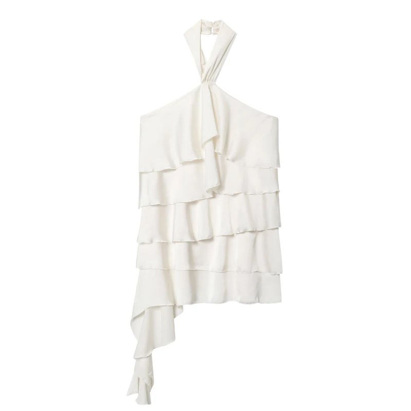 非対称ショートホルターネックレディースドレス新しい白いフリルバックレスノースリーブレイヤードチュールドレスエレガントなパーティービーチドレス