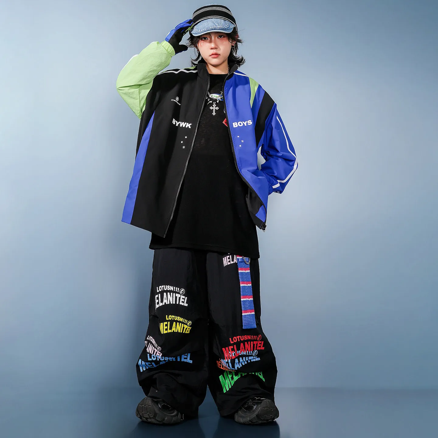 Children Boy Gilr Streetwear Hip Hop Splice Jacket Cargo Pant Sets Kids Coat Trousers Tracksuits Performance Costume Clothes